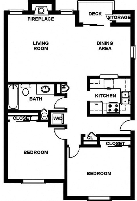 Floor plan for 2 beds, 1 bath, 1024 sqft